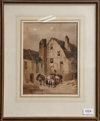 Lot 1024 - Follower of R.P Bonnington (19th century) Figures and horses outside a cottage, indistinctly...