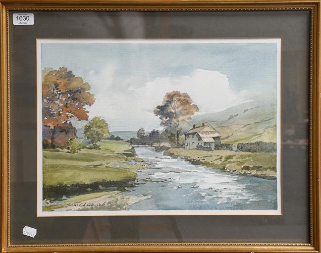 Lot 1030 - Sam Chadwick (1902-1992) Moreland river landscape, signed watercolour, 33cm by 45.5cm together with