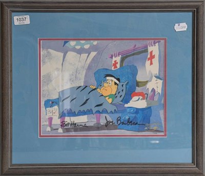 Lot 1037 - A Flinstones animation cell autographed by William Hanna and Joseph Barbera together with a pair of