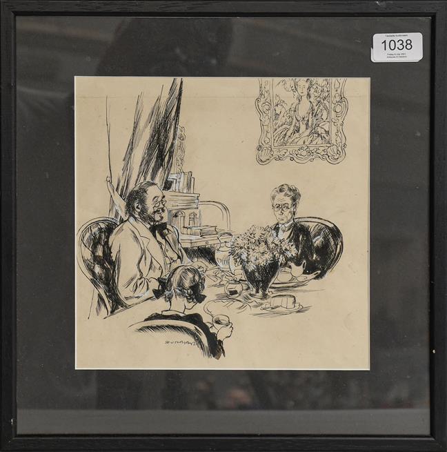 Lot 1038 - Steven Spurrier RA, RBA (1878-1961) Afternoon Tea, signed, black ink heightened with white, 23cm by