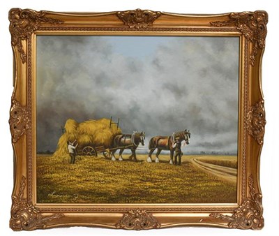 Lot 1041 - Contemporary oil on canvas, haymaking scene, 50cm by 60cm, together with another mountain...