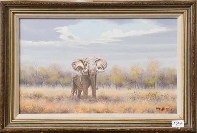 Lot 1049 - Wim Kosch (Contemporary) South African Elephant, Signed and dated (19)96, oil on board, 31cm by...