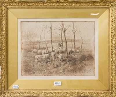 Lot 1051 - Anton Mauve (Dutch 1838-1888) shepherd with his flock, signed monochrome watercolour, 29cm by 39cm