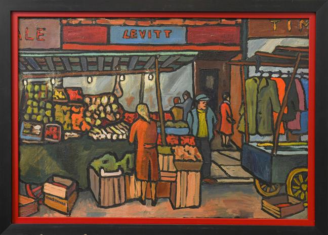 Lot 1056 - Christopher Stones (20th/21st century) ''Pettycoat Lane Fruit Market'' signed, inscribed verso, oil