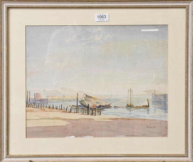 Lot 1063 - George Lee (20th century) Zeebrugge 1920, signed, watercolour, 31cm by 39cm
