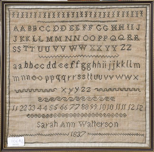 Lot 1064 - Alphabet sampler worked in black threads by Sarah Ann Walterson dated 1837 and another by Mary...