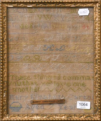 Lot 1064 - Alphabet sampler worked in black threads by Sarah Ann Walterson dated 1837 and another by Mary...