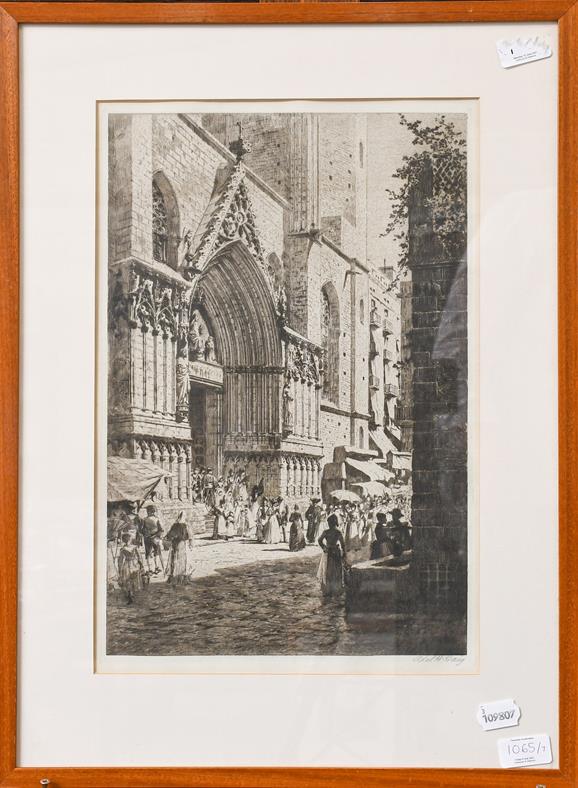 Lot 1065 - A collection of seven assorted framed prints to include Axel Haig, Continental cathedral views,...