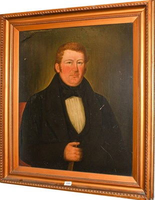 Lot 1069 - 19th century English Naive school, portrait of a man, oil on canvas, 75cm by 62cm