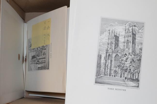 Lot 1072 - A large quantity of engravings of Yorkshire and prints of York Minster, plate negatives and boards