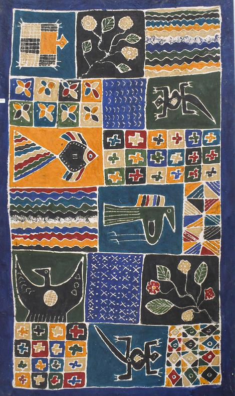 Lot 1083 - A large Indonesian Batik, decorated with animals and geometric designs over a dark blue ground,...