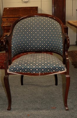 Lot 1131 - An Edwardian inlaid mahogany two piece salon suite, upholstered in blue fabric, comprising a...