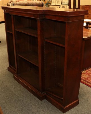 Lot 1137 - A late Victorian walnut veneered open breakfront bookcase with adjustable shelves, 158cm by 37cm by