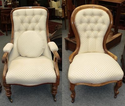 Lot 1144 - A Victorian buttoned back armchair, upholstered in cream fabric with accompanying nursing chair (2)