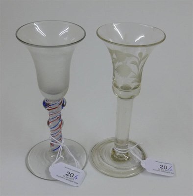 Lot 20 - A Colour Twist Wine Glass, in 18th century style, the bell shaped bowl on a blue, red and white...