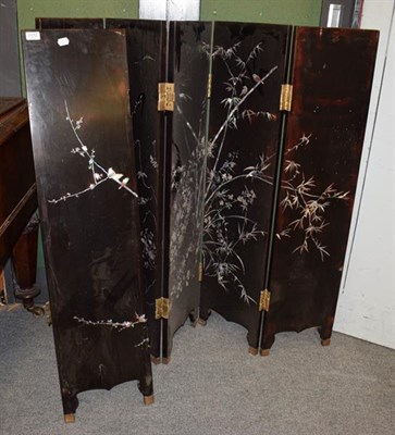 Lot 1172 - A Japanese lacquerred mother-of-pearl inlaid six fold screen, each section 30cm by 122cm (a.f.)