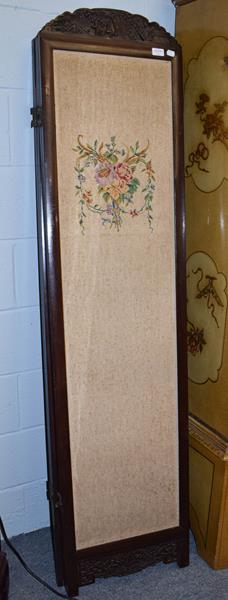 Lot 1177 - An early 20th century Chinese carved hardwood four-fold screen, with embroidered panels, each...