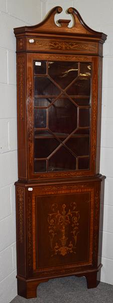 Lot 1179 - A inlaid mahogany astragal glazed standing corner cupboard, 72cm by 45cm by 210cm