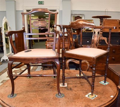 Lot 1198 - An Edwardian mahogany inlaid corner chair and a similar open arm chair (2)