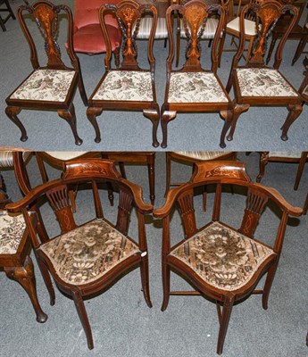 Lot 1227 - A pair of Edwardian string inlaid mahogany corner chairs, together with a set of four inlaid...