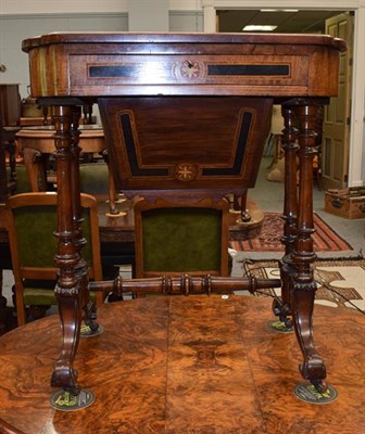Lot 1256 - A Victorian part ebonised and satinwood inlaid burr walnut work table, 68cm by 41cm by 74cm