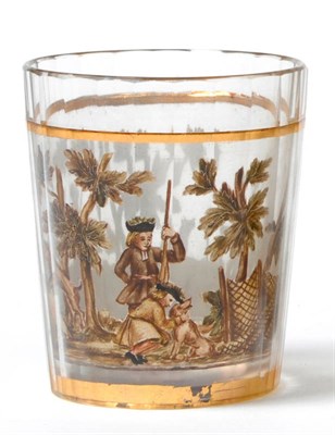 Lot 29 - A Bohemian Zwischengoldglas Beaker, circa 1730-40, decorated in colours with a hunting scene...