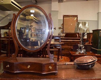 Lot 1266 - A Victorian mahogany dressing table mirror and a copper bed warming pan (2)