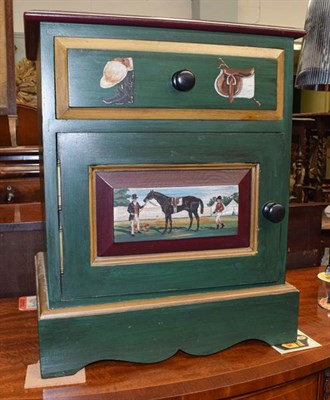 Lot 1273 - A pine bedside cabinet painted with equestrian subjects, 50cm by 42cm by 62cm