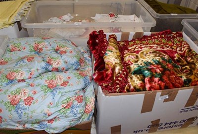 Lot 1302 - Quantity of assorted textiles, chenille cloths,  modern patchworks, eiderdowns, embroidered linens