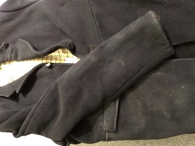 Lot 1304 - Black hunting coat, Lock & Co grey felt top hat (boxed), hide and brown suede gilet, checked...