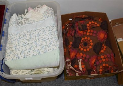 Lot 1307 - Quantity of assorted printed cotton curtains,  modern quilts, bed cover with wrigglework stitching