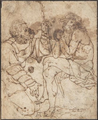 Lot 1002 - After Albrecht Dürer (1471-1528) German Christ, man of sorrows mocked by a soldier Bears...
