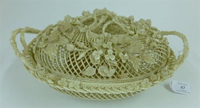 Lot 47 - A Belleek Porcelain Basket and Cover, late 19th century, of oval form with crabstock handles, a...