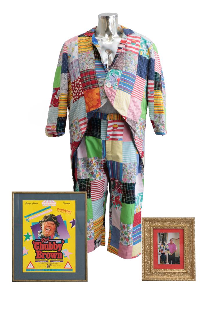Lot 3131 - Roy 'Chubby' Brown Stage Worn Jacket And Trousers multi coloured patchwork long tail jacket,...
