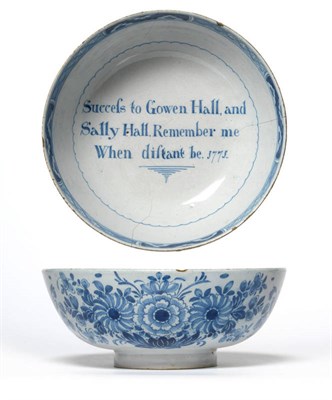 Lot 48 - A Liverpool Delft Punch Bowl, dated 1771, painted possibly by William Jackson in blue with the...