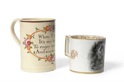 Lot 50 - A Creamware Frog Mug, circa 1770, of cylindrical form, inscribed WHEN I DRINK ITS MY DELIGHT TO...