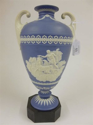 Lot 53 - A John Turner & Co Blue Jasper Urn Shaped Vase, circa 1800, with twin leaf sheathed handles moulded