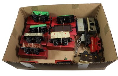 Lot 3235 - Hornby O Gauge Wagons including SR Flat truck, 2xManchester Oil Refinery tank, LMS hopper and three