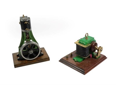 Lot 3254 - Stationary Steam Engine single vertical with flywheel on wooden base 10 1/2'', 27cm high...