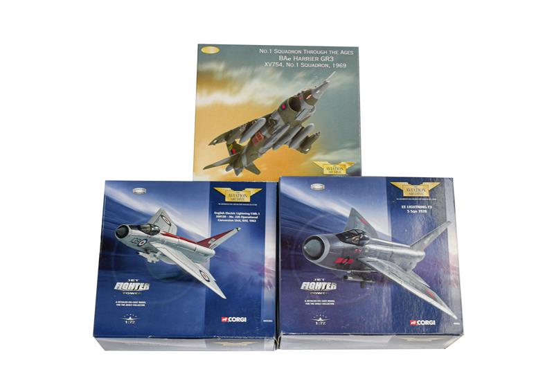 Lot 3328 - Corgi Aviation Archive Three Jet Aircraft AA32411 BAe Harrier GR3, AA32303 English Electric...