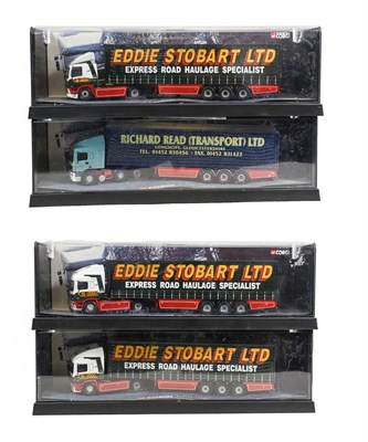 Lot 3338 - Corgi Modern Trucks 2xERF Eddie Stobart, DAF Eddie Stobart and ERF Richard Read (all E in hard...