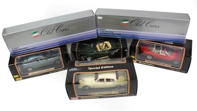 Lot 3346 - Maisto 1:18 Scale Models Jaguar MkII, Jaguar E-type Cabriolet, Jaguar S type and Jaguar XXR;...