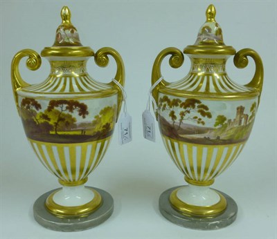 Lot 71 - A Pair of Staffordshire Porcelain Urn Shape Vases and Covers, circa 1820, with sloping...