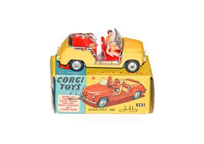 Lot 3374 - Corgi 242 Ghia-Fiat 600 Jolly yellow with two figures and dog (E box G-F)