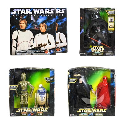 Lot 3398 - Star Wars Collectors Series 2xHan Solo and Luke Skywalker in stormtrooper gear; Emperor...