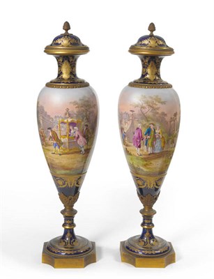 Lot 75 - A Pair of Large Gilt Metal Mounted Sèvres Style Pottery Urn Shaped Vases and Covers, circa...