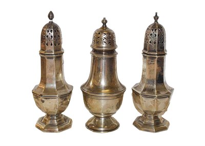 Lot 5 - Three various sugar casters, comprising two octagonal examples, each with pull-off cover, one...