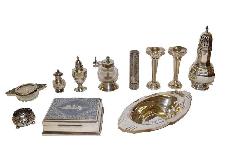 Lot 14 - A collection of assorted silver and silver plate, the silver comprising an octagonal caster, a pair