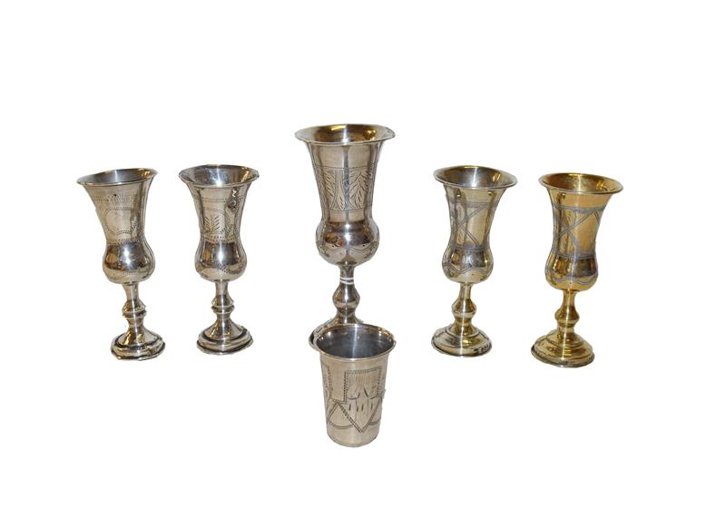Lot 21 - Five various Edward VII or George V silver or silver gilt Kiddush cups, each of typical form,...
