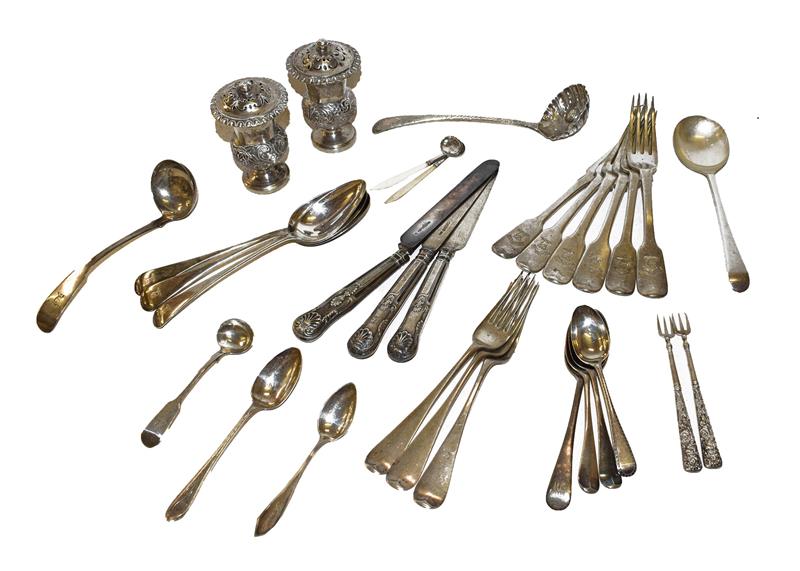 Lot 23 - A collection of assorted silver flatware, including six Fiddle pattern dessert forks, engraved with